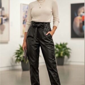 Francesca's Collections - Mi Ami Black Tie-Waist Faux Leather Trousers
